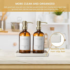 Glass Soap Dispenser for Kitchen Sink,Farmhouse Kitchen Dish Soap Dispenser&Hand Soap Dispenser Set,Rustproof Pump Bathroom Soap Dispenser with Tray,Waterproof Label for Kitchen Decor(Amber