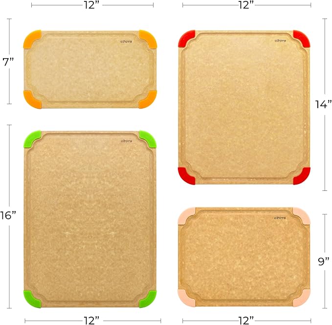 Elihome Cutting Wise 4pcs Kitchen Cutting Board Set, Non Slip Feet, Color Coded with Food Icon, Natural Wood Fiber, Dishwasher Safe, Eco-Friendly, Juice Grooves,Non Porous, BPA Free, Made in USA
