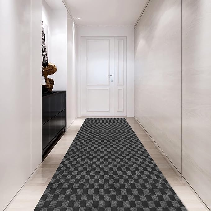 Custom Size Backed Non-Slip Area Rugs Runner, Easy Clean, Waterproof Runner Rugs for Hallway Entryway, Kitchen, Laundry, 3FT x 72FT, Gray Checkered