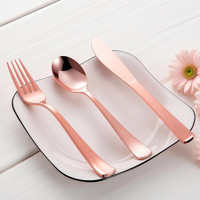 144 Pack Rose Gold Premium Plastic Cutlery Disposable Silverware Set - 48 Forks, 48 Knives, 48 Spoons - For Catering, Parties, Dinners, Weddings, and Everyday Use, Plastic box packaging