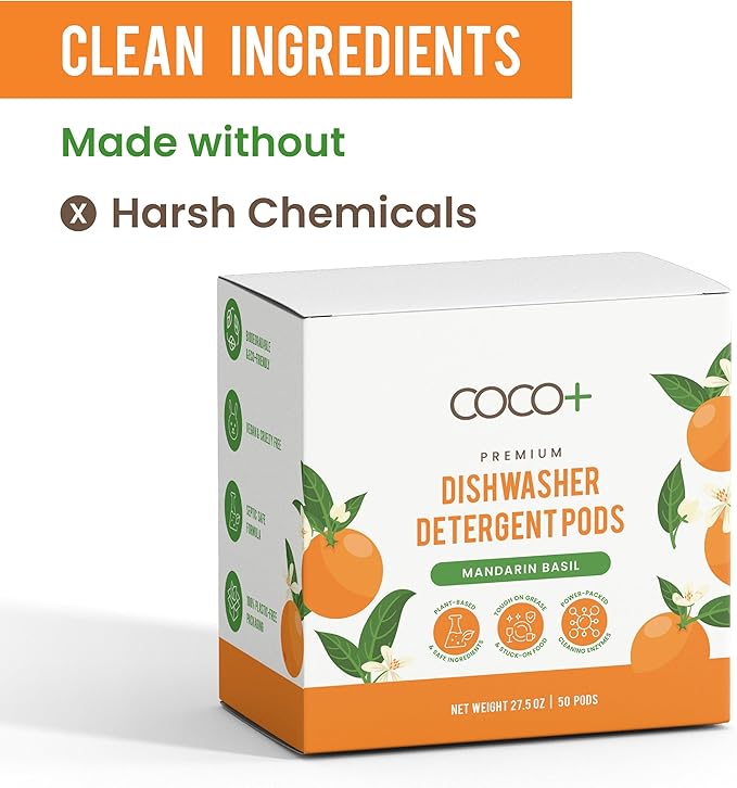 COCO+ Dishwasher Detergent Pods - Nano-Concentrated Enzymes Power with Rinse Aid & Hard Water Protection - Sparkling, Spotless Dishes - 50 Pods (Mandarin Basil)
