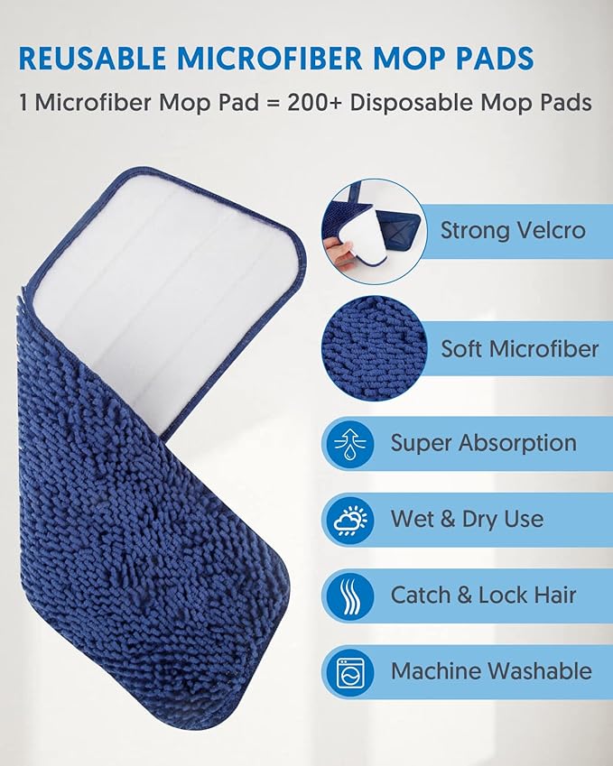 Microfiber Mops for Floor Cleaning - BPAWA Flat Floor Mop Wet Dry Use for Hardwood Floors Laminate Wood Tile Vinyl Wall Hard Surface, Bathroom Kitchen Dust Mop with 4 Reusable Washable Chenille Pads