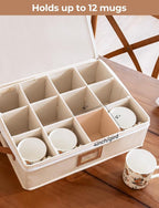 StorageWorks China Storage Container, Stackable Mug Storage Box with Dividers, Stemware Storage Cases, Hard Shell China Cup Organizer, Holds 12 Tea Cups and Coffee Mug, 1 Pack, Beige