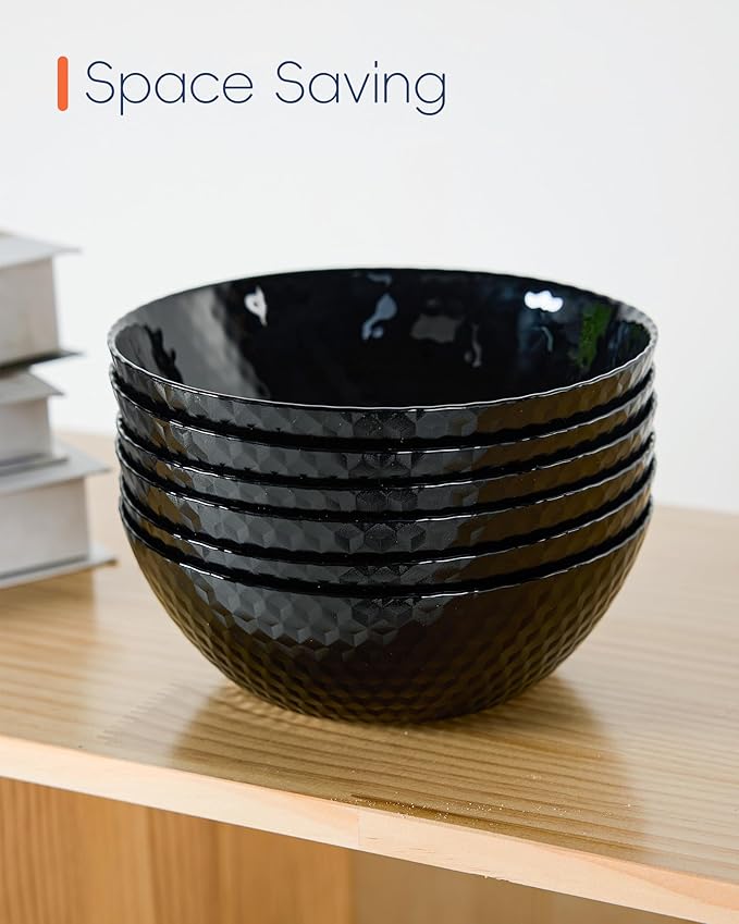 27 OZ Max Cereal Soup Bowl Set of 6, Thin Light & Durable Opal Glass 7.2 inch Black Geometric Faceted Bowls for Ramen, Noodle, Salad, Fruit, Dishwasher and Microwave Safe