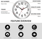 12 Inch Wall Clock Modern Battery Operated Silent Non Ticking Analog Clock Decorative for Bedroom Kitchen Bathroom Office Home Living Room (Silver)