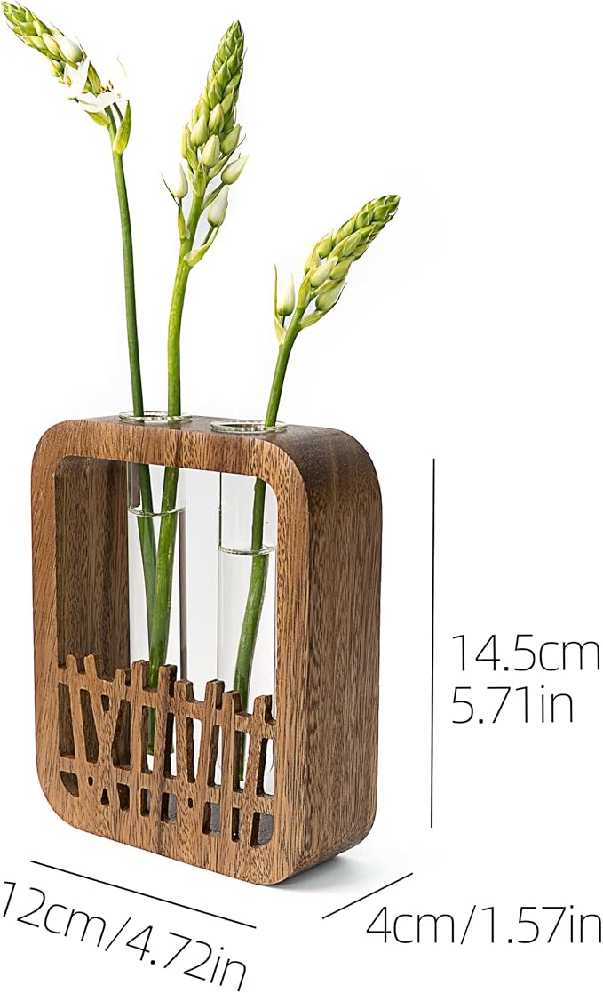 Walnut Wood Terrarium Planter - 2 Glass Test Tube Vase & Boho Plant Stand for Hydroponics, Home Office Desk Decor, Unique Housewarming Birthday Gifts for Women Plant Lovers