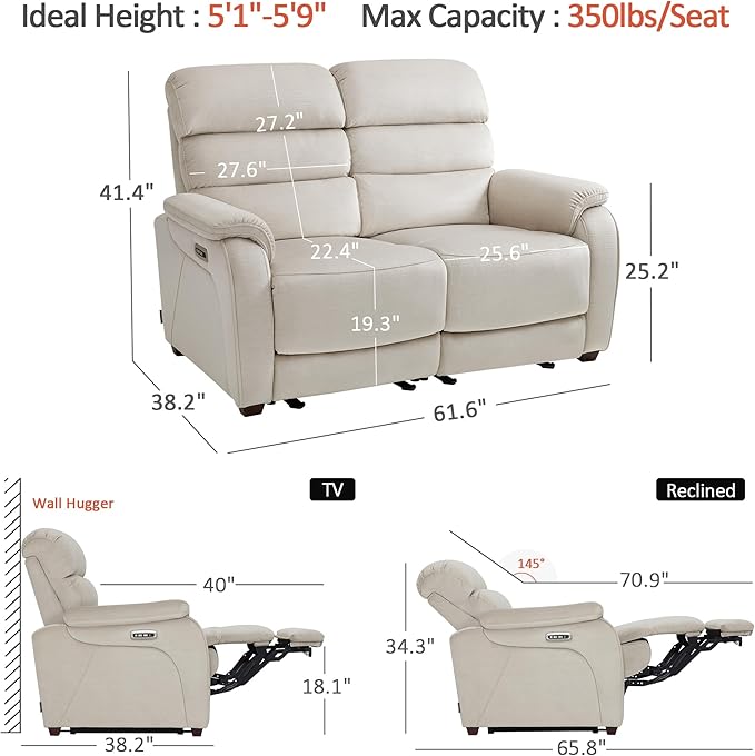 MCombo Zero Wall Recliner Loveseat, Power Recliner Loveseat with Adjustable Headrest, USB A & C Charge Ports, Wood Legs, for Living Room, RVs, Small Spaces (Fabric, ST258M1, Beige)