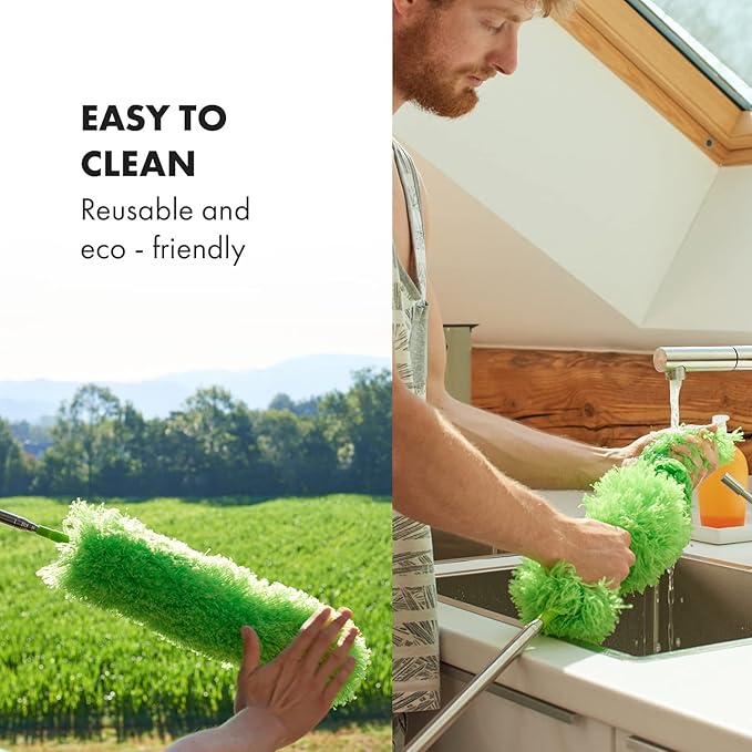 Extendable Microfiber Feather Duster, Feather Dusters for Cleaning, Ceiling Fan Dust and Cobweb Cleaner - Electrostatic Bendable Head - Set of 2 Replacement Heads