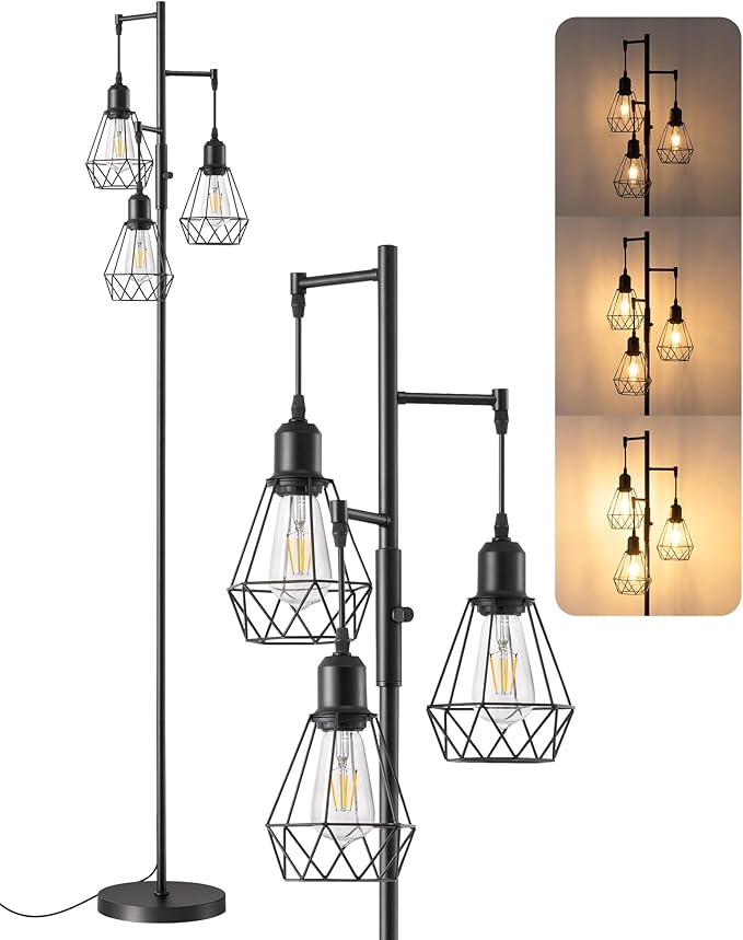 EDISHINE 70IN Farmhouse Floor Lamps for Living Room, Dimmable Industrial Tall Standing Lamps 3 LED Edison Bulbs Included, Diamond-Shaped Cage, Rustic Tree Corner Light for Bedroom, Office, Black