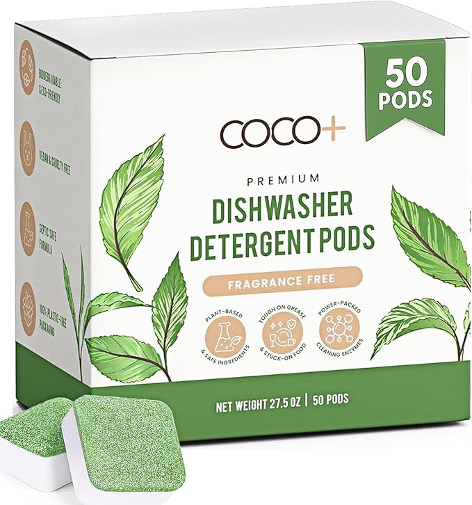 COCO+ Dishwasher Detergent Pods - Nano-Concentrated Enzymes Power with Rinse Aid & Hard Water Protection - Sparkling, Spotless Dishes - 50 Pods (Fragrance Free)