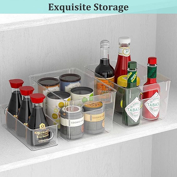 Clear Plastic Storage Bins, 4 Pack Pantry Organizers & Storage Containers, Cabinet Organizer, Home Organization Must Haves for Kitchen, Laundry Room, Office, Closet & Freezer