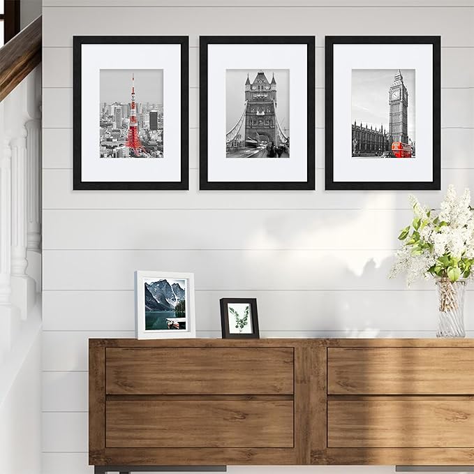 9x12 Black Picture Frames set of 3, Made of Wooden and Glass Photo frame - Displays Picture 6x8 with Mat or 9 x 12 without Mat, Desktop & Wall Collage Frame set