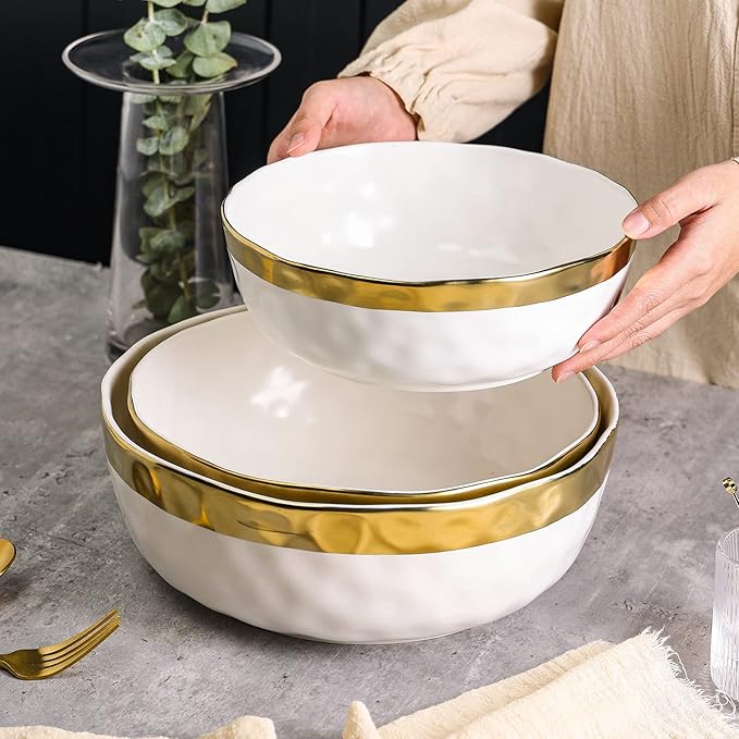 Stone Lain Florian Porcelain 3-Piece Round Bowl Service Set, White with Gold Rim