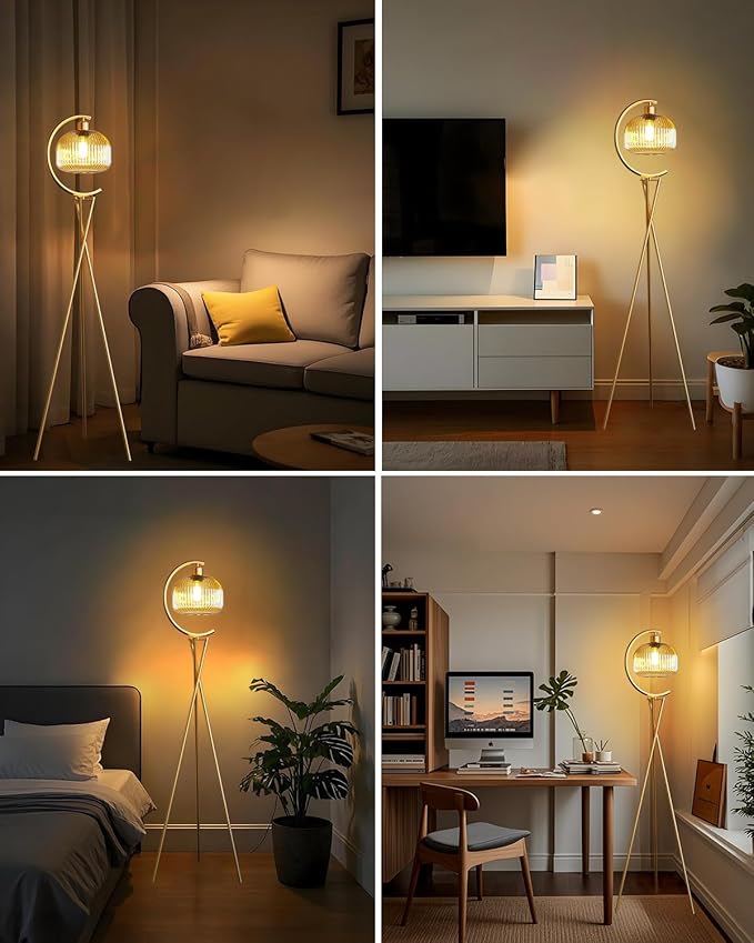 Lightdot Tripod Floor Lamp for Living Room, Gold Standing Lamp with Brown Glass Lampshade, Farmhouse Tall Lamp for Bedroom, Arced Reading Light for Home Office
