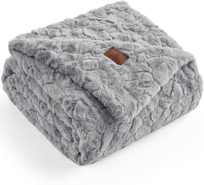 Cozy Bliss Faux Fur Throw Blanket for Couch, Fuzzy Soft Plush Thick Warm Fluffy Reversible Wave Textured Blanket for Sofa Bedroom Living Room, 55 * 70 Inches Grey