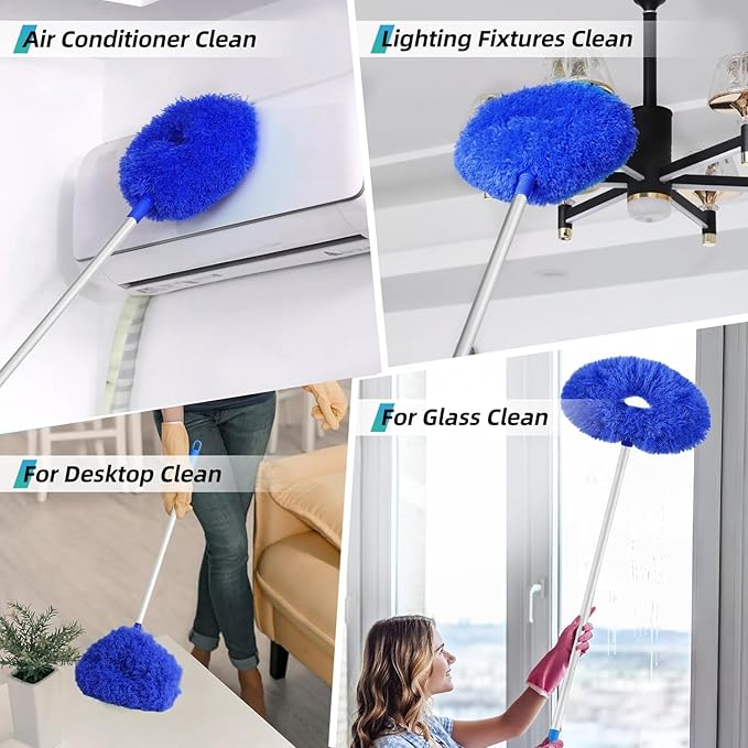 DRQ Ceiling Fan Cleaner Duster, 2 Pack Reusable Microfiber Duster with Extension Pole, 13 to 50 Inch Fan Blade Cleaner, Removable Dusters for Cleaning Walls Bookshelves Door Window Top (Dark Blue)