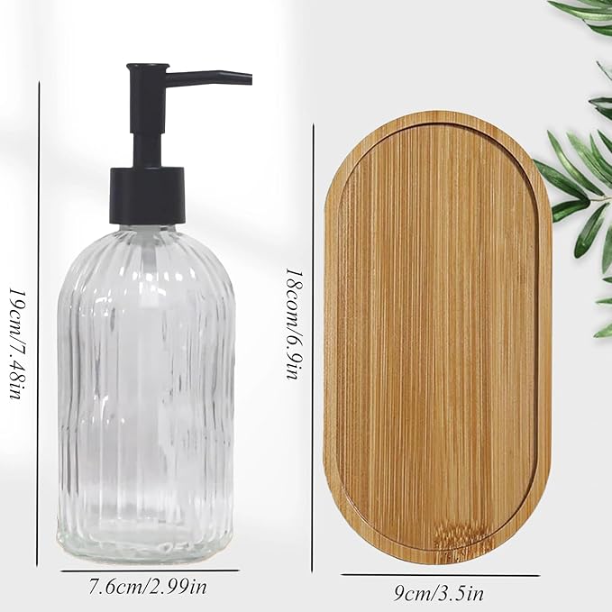 Glass Hand and Dish Soap Dispenser Set of 2 with Plastic Pumps, Bamboo Tray, 13.5oz Clear Bathroom Soap Dispenser with Vertical Stripe for Hand Wash & Dish Wash, Ideal for Bathroom Kitchen Countertop