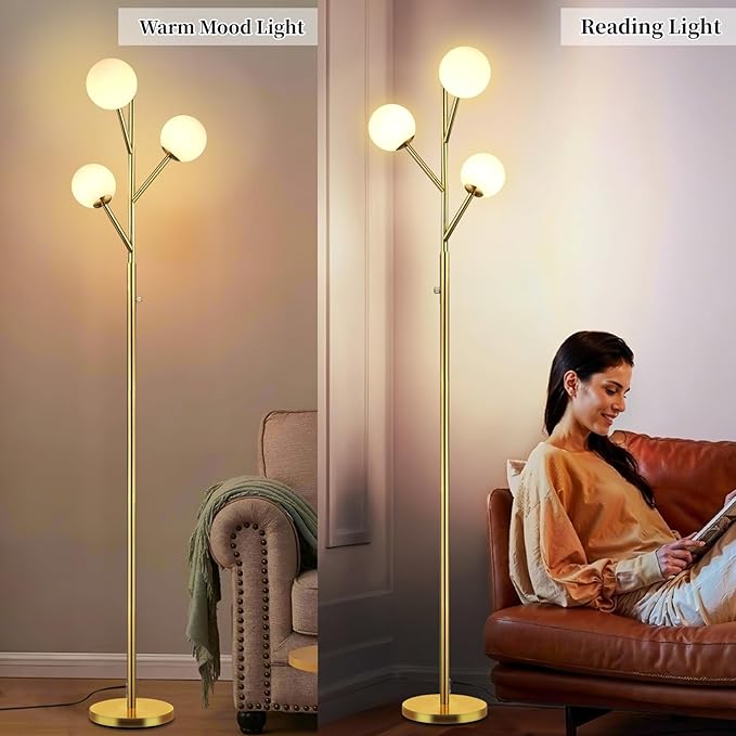 70in Gold 3-Globe Mid Century Dimmable Floor Lamp for Living Room G9 LED Bulbs Included,Modern Standing Lamp with Frosted Glass Shade for Bedroom,Studyroom Antique Brass Lighting(dimmer-Gold)
