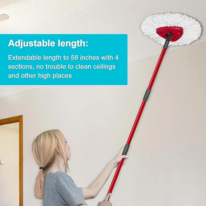 Spin Mop Replace Head, Base, Mop Handle Replacement for OCedar EasyWring 1 Tank System - Include 2 Microfiber Mop Head Replacement, 1 Sturdy Iron 30-58" Mop Handle, Head Cover and Scrubber