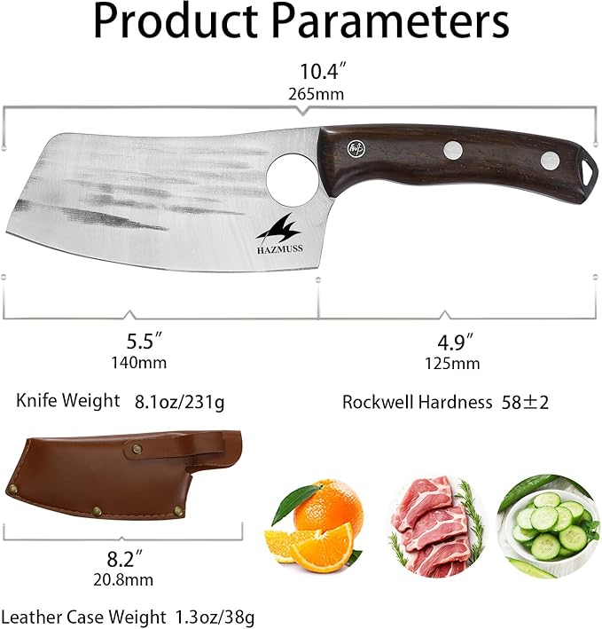 Nakiri Knife, 5.5" - High Carbon Stainless Steel Blade Usuba-Knive, for Cooking, Chopping, Full Tang, Ergonomic Ash Wood Handles, with Leather Sheath
