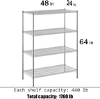 24" Deep x 48" Wide x 64" Height Wire Shelving Kit | 4-Tier | NSF Commercial Storage Rack Unit