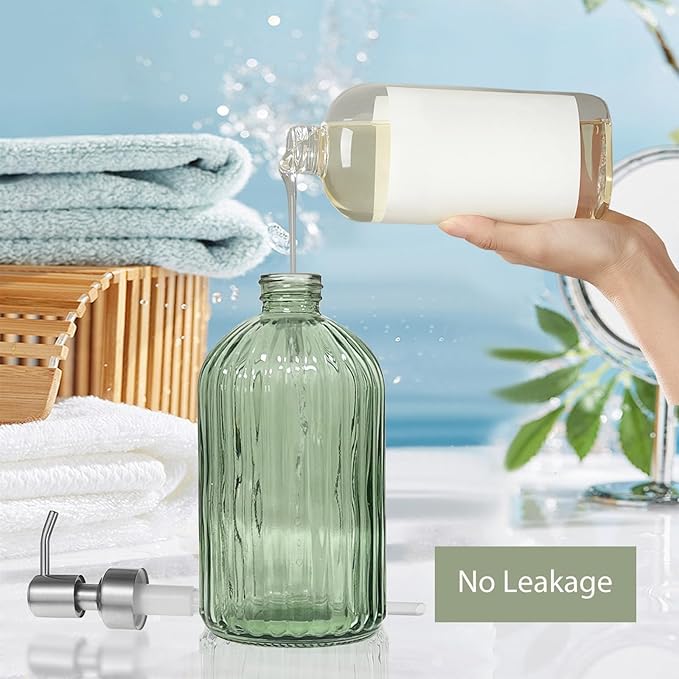14Oz Green Soap Dispenser Bathroom - 2 Pack, Clear Glass Hand Soap Dispensers with Stainless Steel Pump, Refillable Dish Soap Dispenser with Funnel for Kitchen, Countertop Soap Dispensers