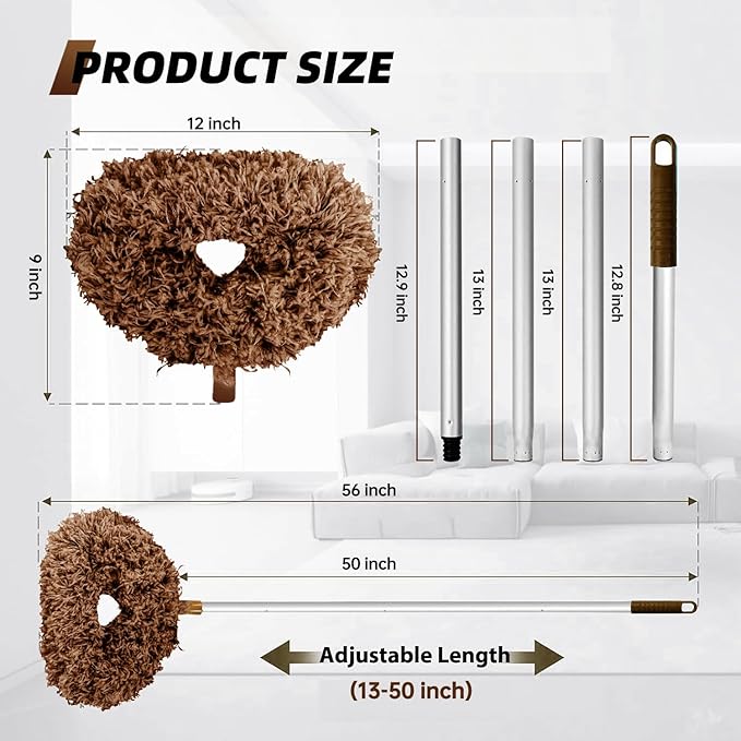 DRQ Ceiling Fan Cleaner Duster, 2 Pack Reusable Microfiber Duster with Extension Pole, 13 to 50 Inch Fan Blade Cleaner, Removable Dusters for Cleaning Walls Bookshelves Door Window Top (Brown)