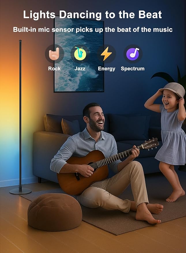 Corner Floor Lamp, Smart RGBICW LED Corner Lamp with App and Remote Control, 16 Million DIY Colors, Music Sync, Modern LED Floor Lamp for Living Rooms, Bedrooms, and Gaming Rooms