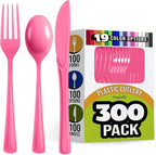 Party Solids Hot Pink Plastic Silverware Heavy Duty 300 Pieces Hot Pink Plastic Cutlery Sets, Utensil Sets, 100 Of Each Forks, Knives & Spoons Disposable Cutlery Set, Flatware Set For Party Supplies