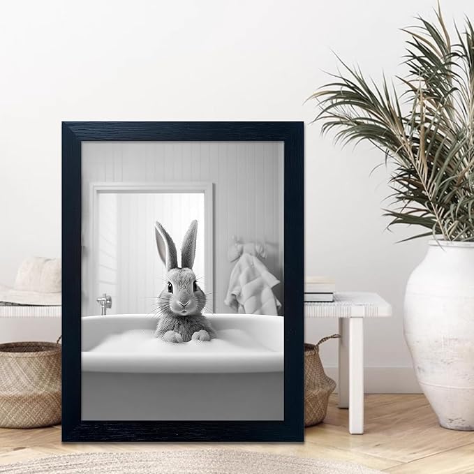 Funny Kids Bathroom Wall Decor, Black and White Cute Animal Canvas Wall Art, Black Framed Rabbit in Bathtub Farmhouse Picture Wall Decor Print Artworks for Bathroom