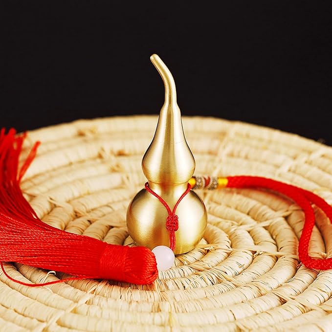 Feng Shui Hanging Ornaments Decor,Wu Lou Golden Gourd,with Red Luck Strip Tassel Treasure for Ideal Car Pendant,Bedroom,Door,Desk lamp,Bring Good Luck,Safty,Healthy,2.16inch Tall,Full Brass
