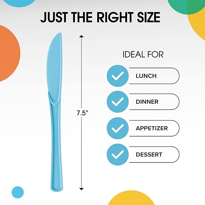 Party Solids Light Blue Plastic Knives 200 Pcs Light Blue Knives Disposable Utensils Heavy Duty Plastic Cutlery Set Disposable Cutlery Set Flatware Set Silverware Set Party Supplies & Party Tableware
