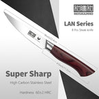 HOSHANHO Steak Knife Set 8 Pieces, 4.5 Inch Super Sharp High Carbon Stainless Steel Steak Knife Set, Professional Premium Serrated Precise Cutting with Ergonomic Wood Handle