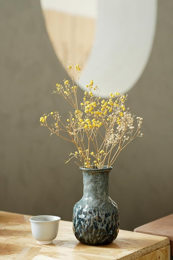 Rustic Pottery Ceramic Vase - Vintage Farmhouse Style Decor, White Grid Ceramic Vases for Home Decor, Modern Farmhouse Decor (Blue and green)