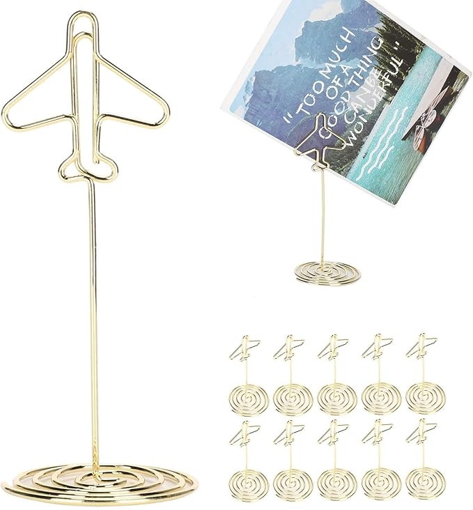 10Pcs Table Number Holders, Message Clip Gold Place Card Holder Desktop Metal Business Card Photo Golden Airplane Holder with Base Table Card Holder Stands Centerpieces for Wedding