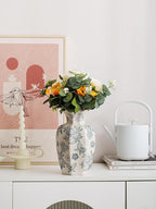 Blue and White Vase, Vintage Blue Ceramic Flower Vessel,Ceramic vases for Home Decor,Vintage Green and Beige for Console Table Mantle Chinoiserie Decor (Retro-02, Large)