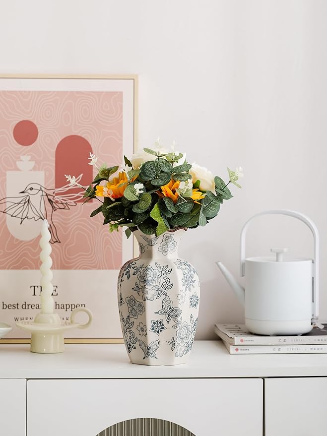 Blue and White Vase, Vintage Blue Ceramic Flower Vessel,Ceramic vases for Home Decor,Vintage Green and Beige for Console Table Mantle Chinoiserie Decor (Retro-02, Large)