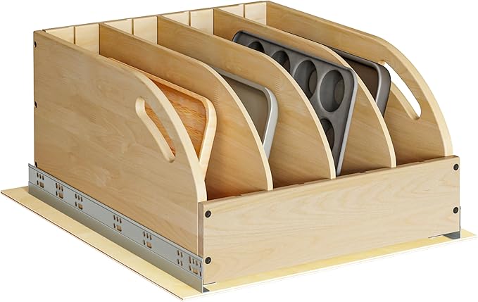 WelFurGeer Birchwood Pot and Pan Organizer with Soft-Close Drawer, Pull Out Cabinet Organizer, Heavy-Duty Slide-Out Storage for Baking Sheets, Cutting Boards, and Kitchen Utensils