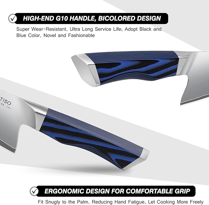 FINTISO 8 Inch Chef Knife, High-End Kitchen Knife with G10 Handle, Ultra Sharp 5 Layer 10Cr15CoMoV Japanese Stainless Steel Professional Cooking Knife, Cutting Knife for Home and Kitchen