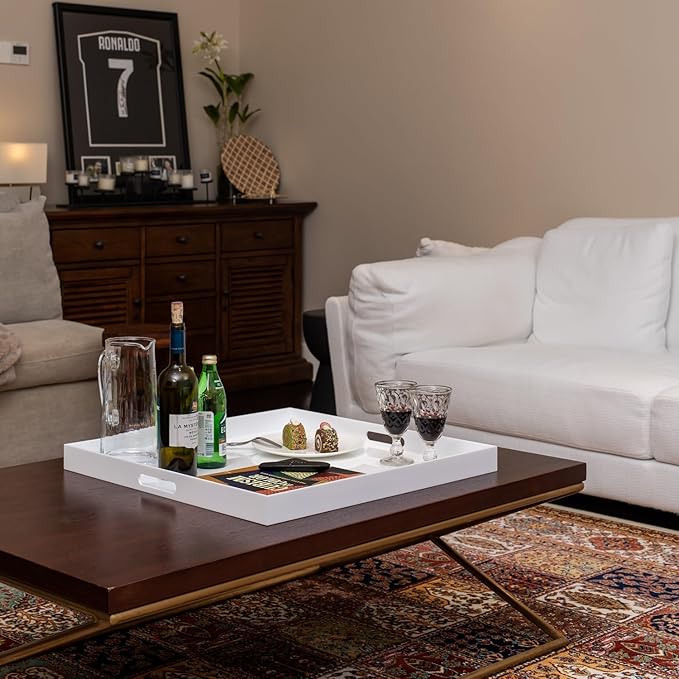 Oversize Extra Large King Size Bed Tray for eating Big Glossy White Acrylic Serving Tray with Handles 24x24 Inch -Spill Proof- Decorative Countertop Organizer for Ottoman,Bed,Party, Butler Tray