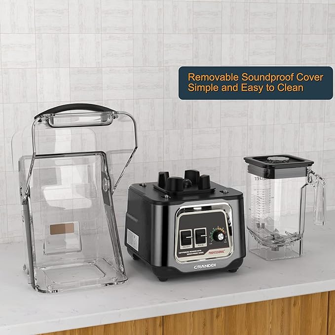 CRANDDI Professional Smoothie Blender, 2200W Commercial Soundproof Quiet blender with Removable Soundproof Shield for Crushing Ice, MilkShakes, Puree, Self-Cleaning, 50oz 110V K80 (Grey)