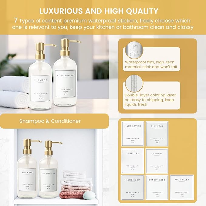 Glass Soap Dispenser for Kitchen Sink,Farmhouse Kitchen Dish Soap Dispenser&Hand Soap Dispenser Set,Rustproof Pump Soap Dispenser Bathroom with Tray,Waterproof Label for Kitchen Decor(Clear