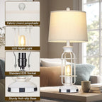 28" Vintage Table Lamps with USB C+A Ports & Outlet, Industrial Farmhouse Table Lamp for Living Room, Rustic Mid Century Modern Bedside Lamps with Nightlight & Beige Fabric Lampshade, Oil-Rubbed White