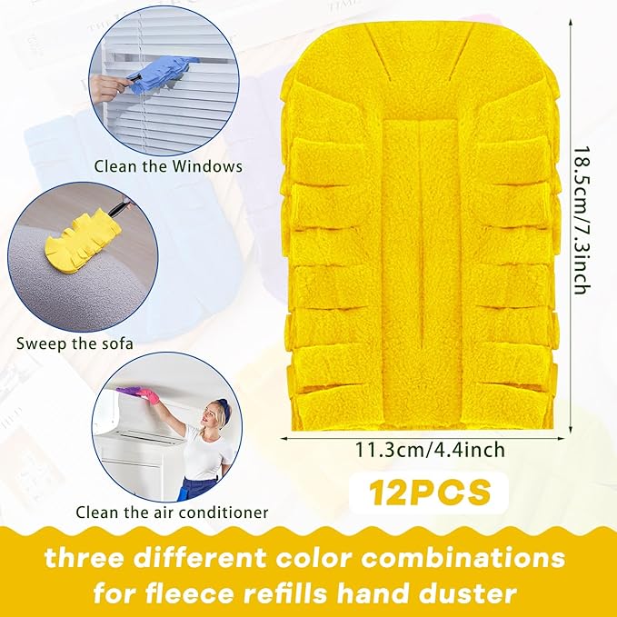 Zubebe 12 Pcs Duster Refill Reusable Fleece Duster Refills Feather Flat Dusters Multi Surface Washable Cleaning Pads Tools for Home, Blinds, Car, Pet, Furniture, Fans (Purple,Light Blue,Yellow)