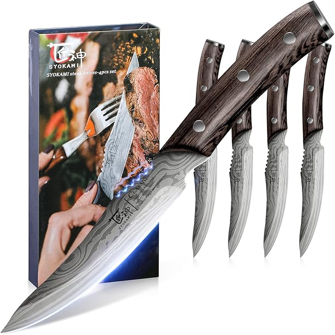 Steak Knives Set of 4, 4.8 Inch High-Carbon Japanese Style Non-serrated Meat Knife with Wood Handle, Damascus Pattern Full Tang Design, Razor-Sharp Dinner Knives with Gift Box
