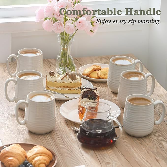 Hasense Coffee Mugs Set of 6, Ceramic Coffee Cups with Handle for Home Office, 12 Ounce Tea Cup for Coffee, Latte, Hot Cocoa, Dishwasher and Microwave Safe, Clay-Infused White