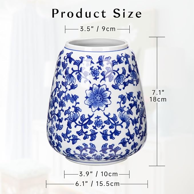 Hollyone Blue and White Porcelain Vase Chinoiserie Floral Vase Large Vintage Tall Blue Ceramic Vase for Home Mantle Shelf Living Room Table Centerpieces Decor, 7 Inch