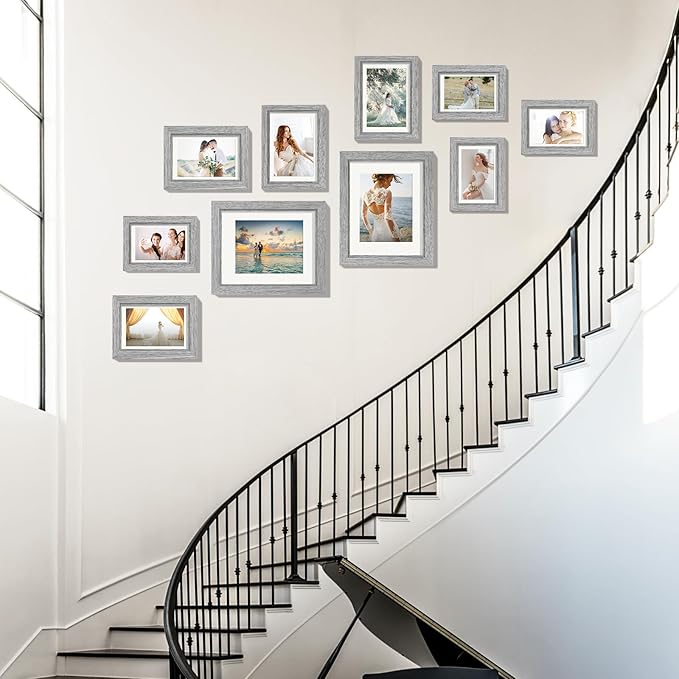 Picture Frames Set of 10 Gray Wood Grain, Bulk MDF Frames for 8x10, 5x7, 4x6 Photos Real Glass for Wall or Tabletop