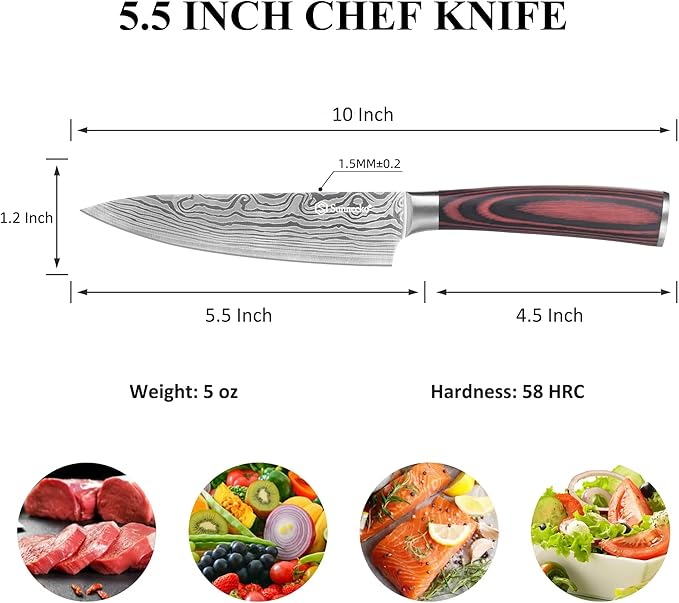 Sunnecko 5.5 Inch Small Chef Knife, High Carbon Stainless Steel Professional Utility Knife for Cutting Meat,Vegetables and Fruits