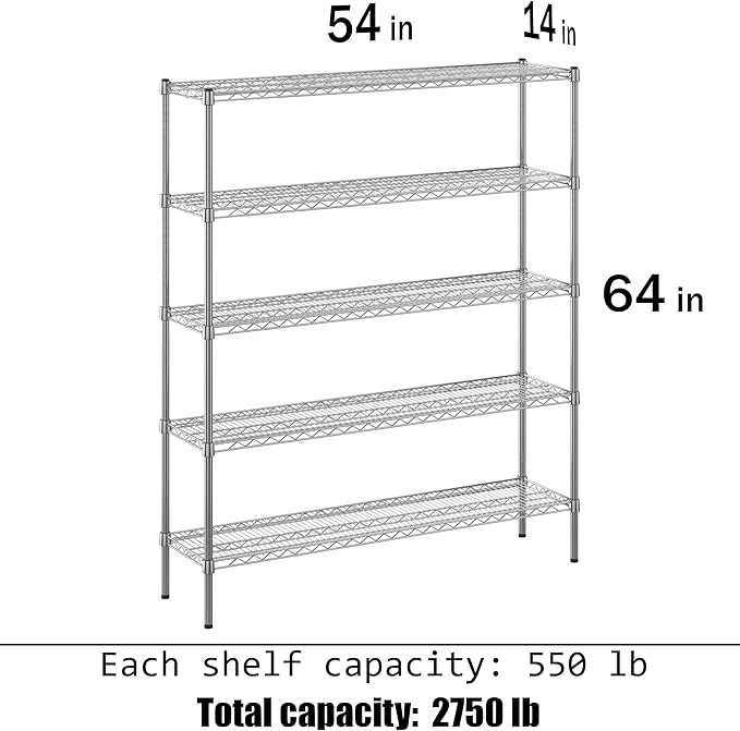 14" Deep x 54" Wide x 64" Height Wire Shelving Kit | 5-Tier | NSF Commercial Storage Rack Unit